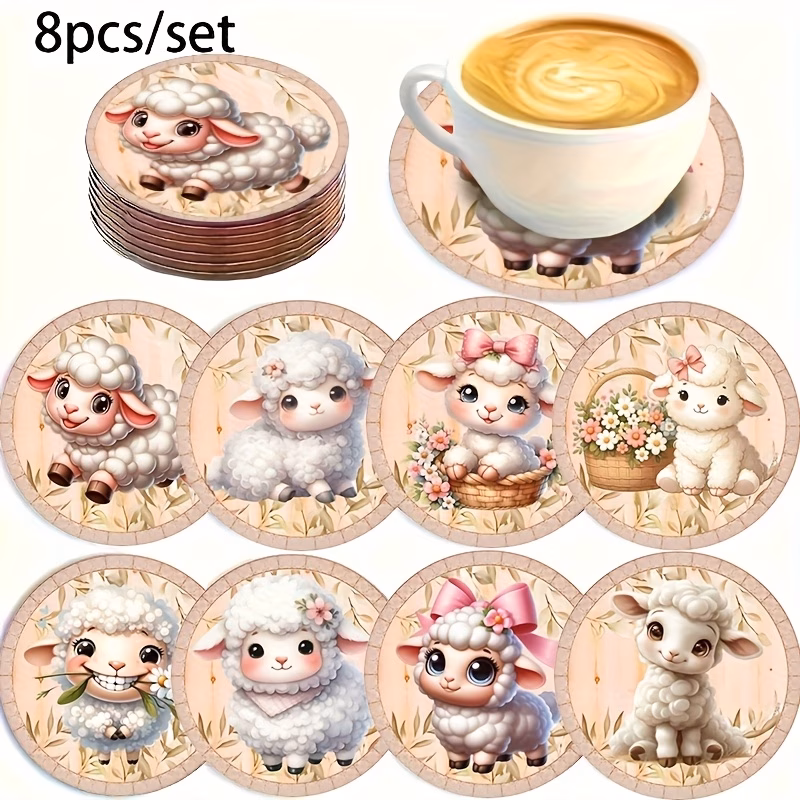 set of 8 cute sheep coasters fun farmhouse drink mats for coffee and tea non slip table safeguards ideal gift for christmas and housewarming rustic kitchen decoration