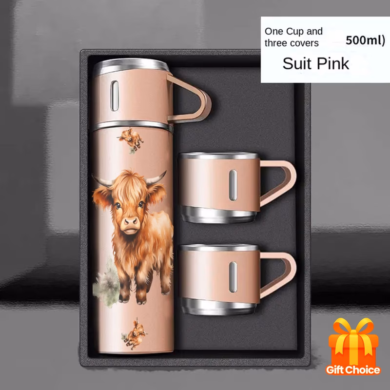 1pc highland cow insulated set with 3 lids 304 stainless steel vacuum leakproof thermal water bottle coffee mug cute scottish cow design for hot cold drinks s