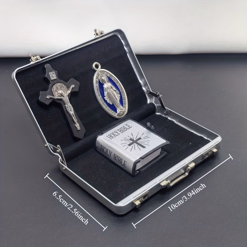 miniature medal bible cross and mini suitcase set silvery suitcase openable mini bible model miniature scene shooting model scene decoration desktop display unique gift christmas halloween gift collec
