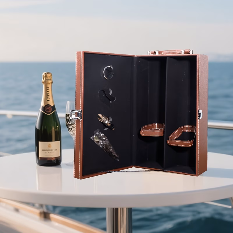 1set customizable personalized luxury imitation leather wine gift box christmas gift including 4pcs accessory set 2 bottle carrying rack portable storage gift box suitable for home and collection perf