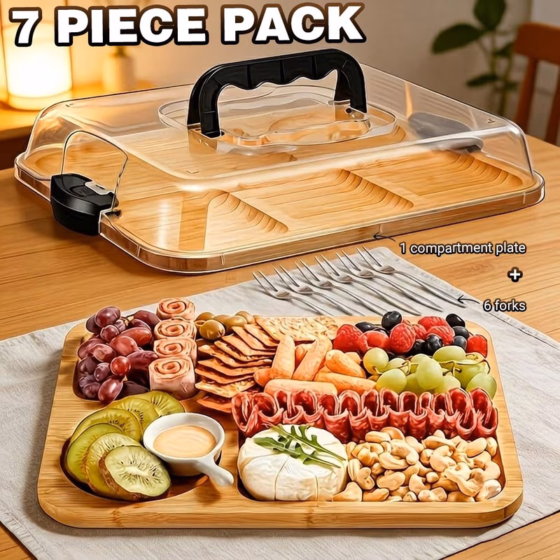 7pcs bamboo cheese board set 1 reversible serving forks portable charcuterie platter for camping parties and restaurants designed for holiday appetizers meats and snacks as a cutting board and feature