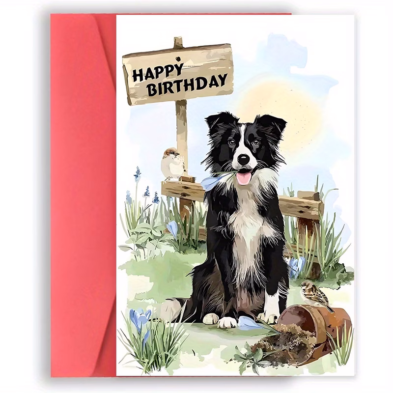 1 border collie birthday card with rustic wooden sign adorable watercolor design featuring cute dogs and nature scenes perfect gift for pet lovers dog lover gift pet owner present handpainted look pap