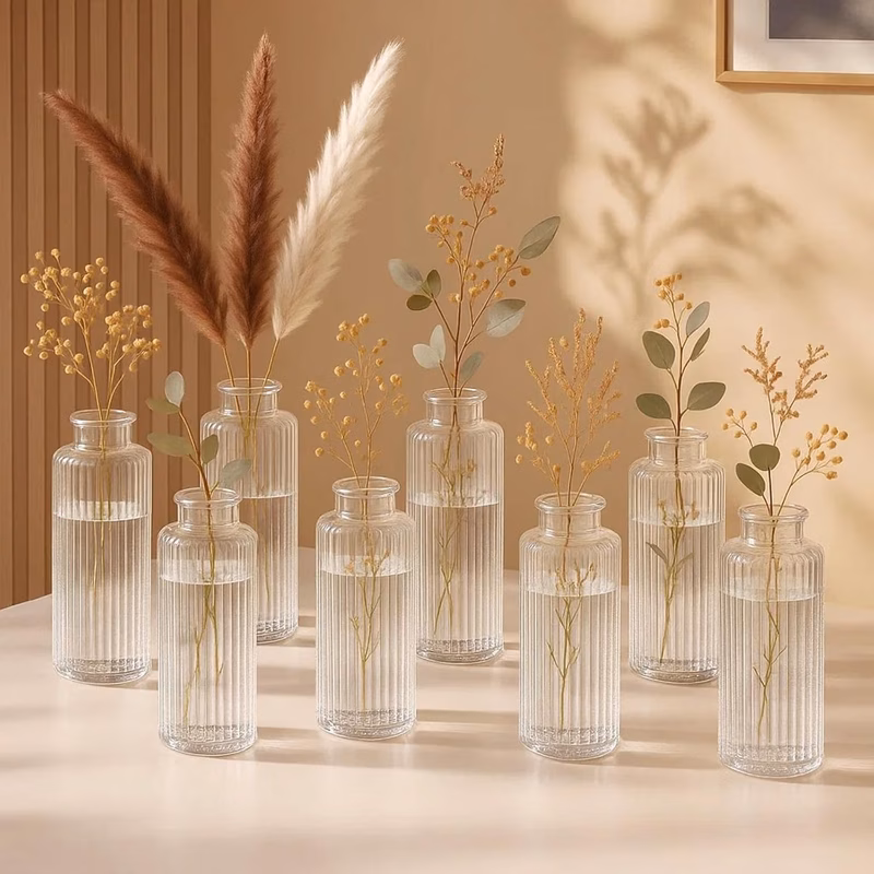 bulk mini ribbed flower vase set 8pcs small clear glass vases for centerpiece wedding table decor housewarming gift clear