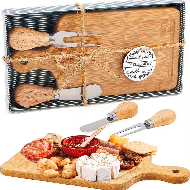 1 set of wooden square cheese board gift set for brides gift party knife and fork thank with box prepare brides gift party household items for valentines day guests bamboo color