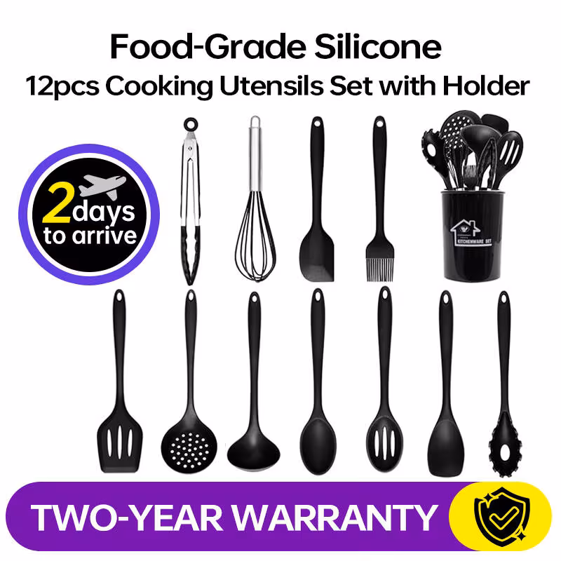 12 piece silicone kitchen utensil set food grade non scratch for pans heat resistant to 230 c with holder dishwasher safe black ideal for homes