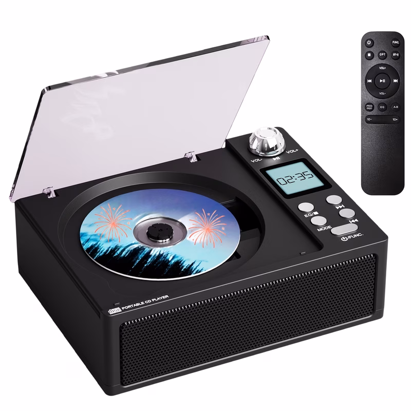 portable cd player home desktop cd player with rechargeable battery dual speakers support for opt usb tf card aux fm with remote control lcd display 3 5mm headphone jack