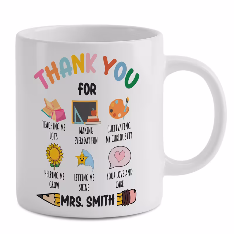 personalised teacher appreciation mug 11oz custom name thank you gift cute educational icons coffee cup for nursery school teacher white ceramic tea mug end of present for her him