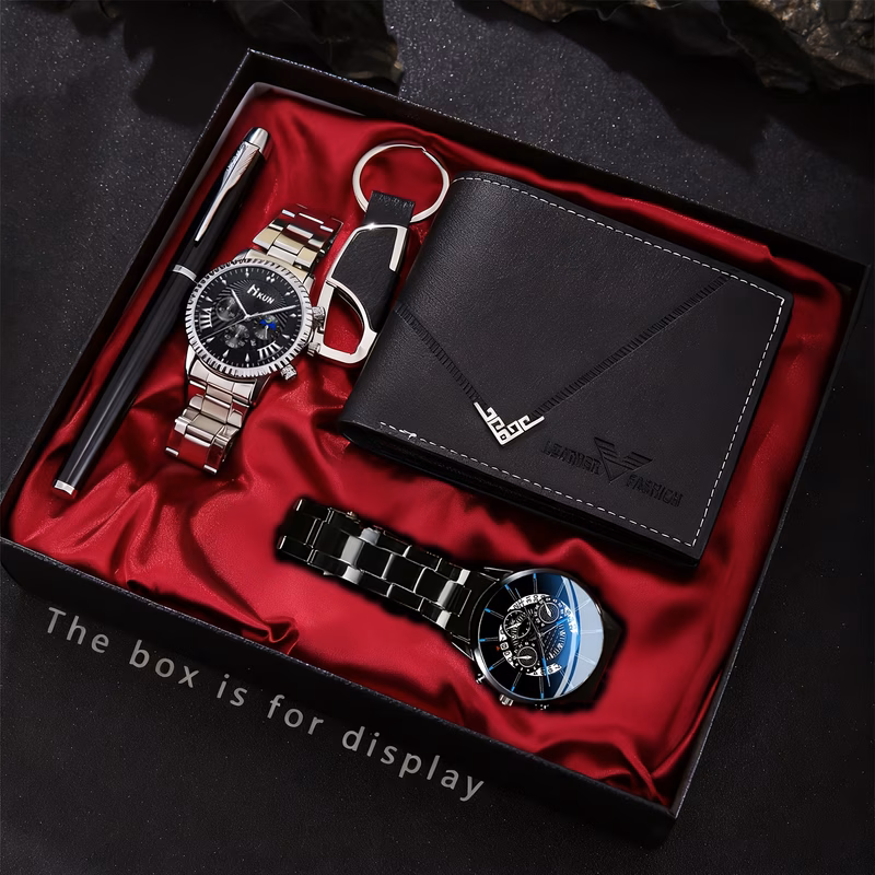 5pcs mens business watch wallet keychain writing pen exquisite gift box set christmas valentines day birthday perfect gift for him