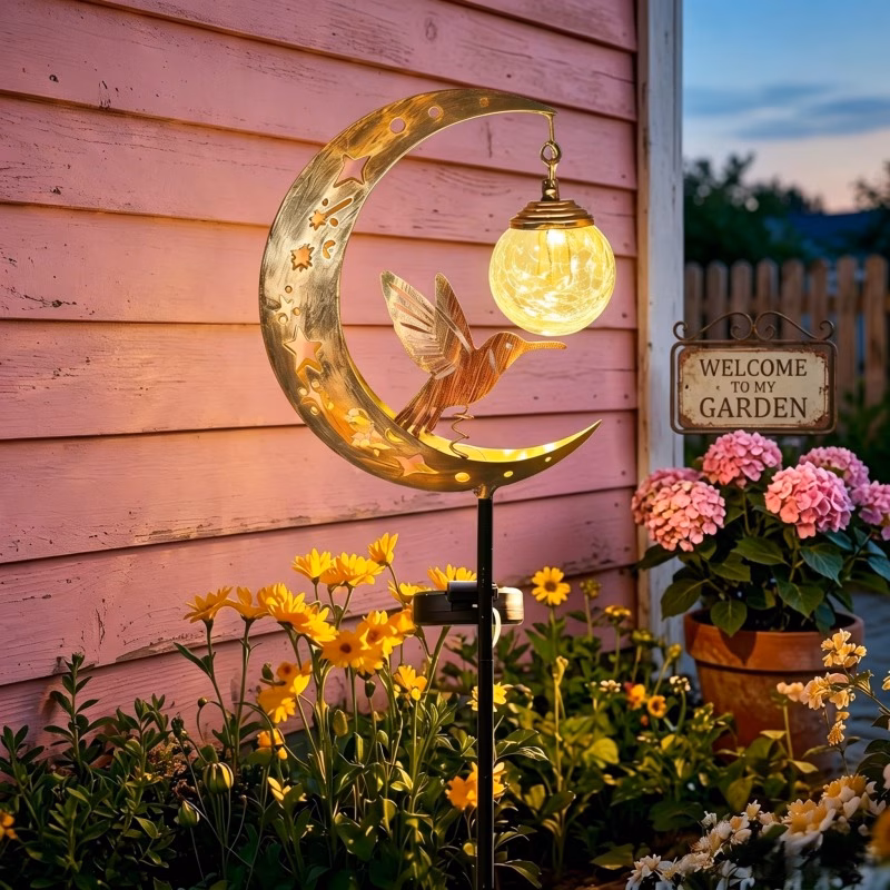 solar outdoor garden stake light crescent and bird ball shaped pathway decor light with warm white led solar powered landscape lighting suitable for garden yard patio walkway and lawn ideal decorative