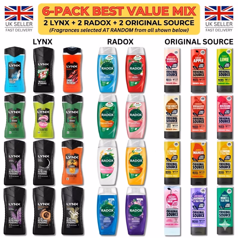6 pack mixed shower gel multipack bundle 2x 2x 2 source body wash random fragrance assortment men s everyday toiletries bulk buy body care round gifting idea present for him birthday fathers day mothe
