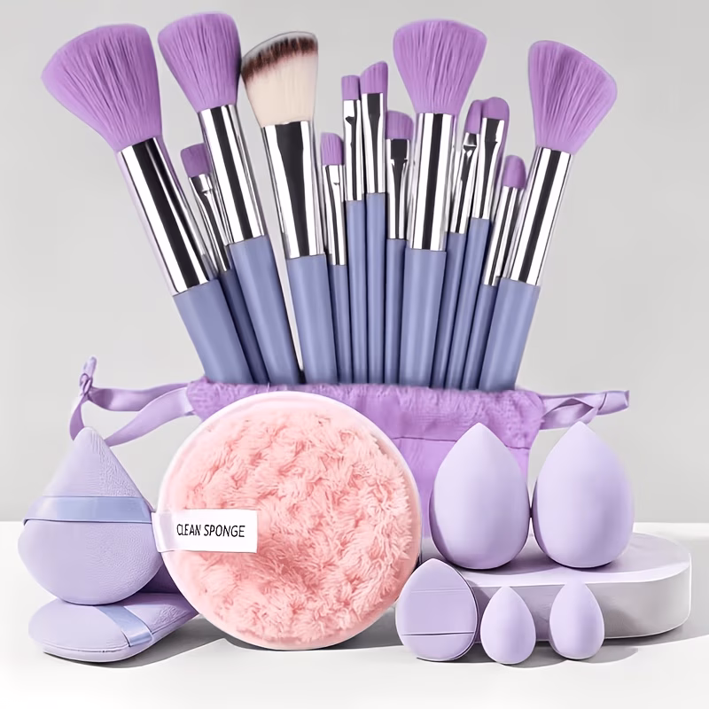 17pcs Makeup Brush Set, Including 13 Purple Makeup Brushes + 4 Triangular Sponge , Suitable for Concealer, Blush, Foundation, Eyeshadow, and Lip Makeup Tools & the Gift for Holidays and Special Occasi
