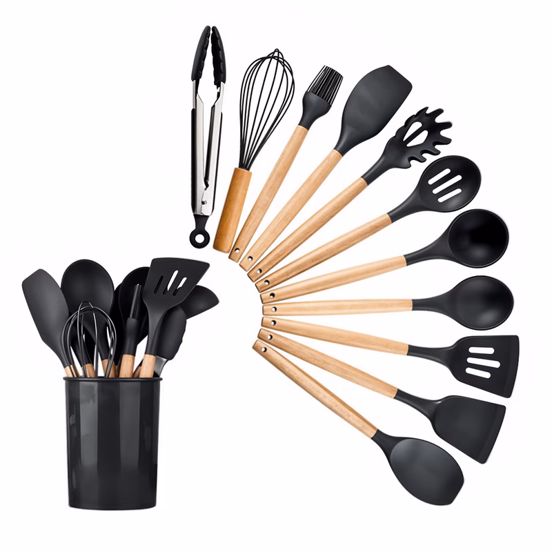 black grey silicone kitchen utensil set with storage bucket wooden handle non stick spatula spoon cooking baking tool set