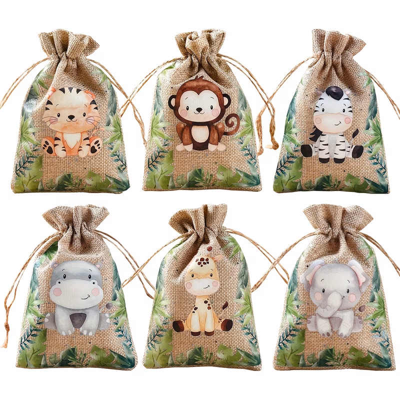 6pcs jungle animals linen gift packing bags cartoon giraffe elephant lion pattern gift bags theme party decoration birthday wedding party decor baby shower party supplies party favors packing bags