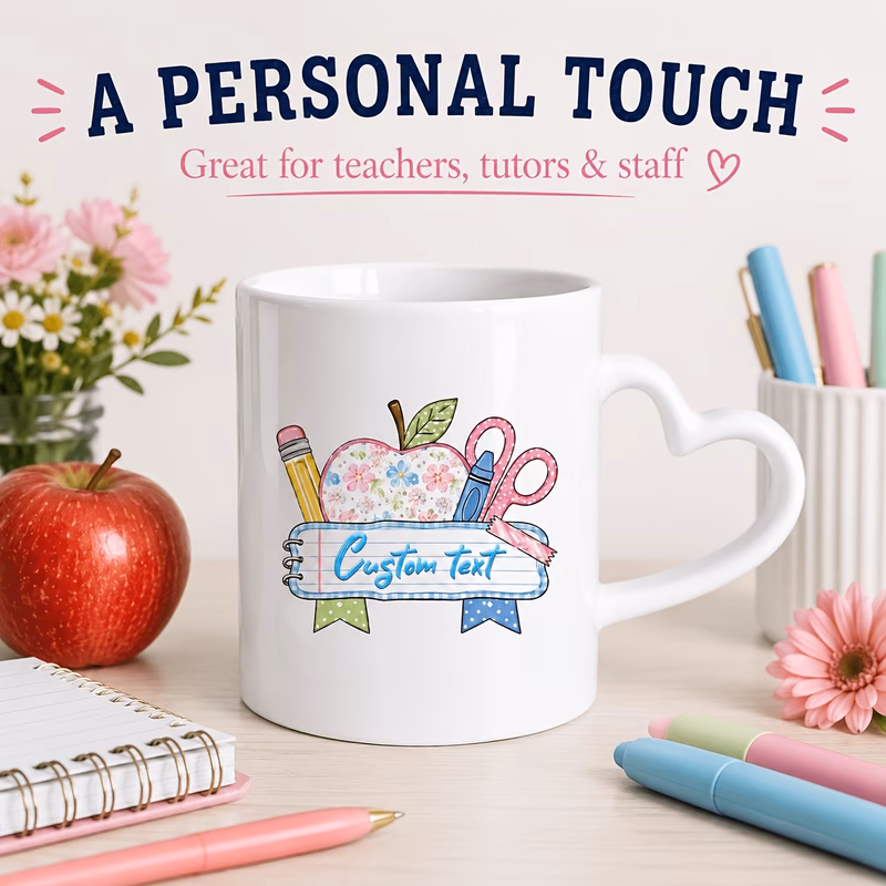 heart shaped handle and end of teacher gift mug custom teacher coffee mug teacher appreciation week and classroom gifting coffee cup school themed appreciation gift