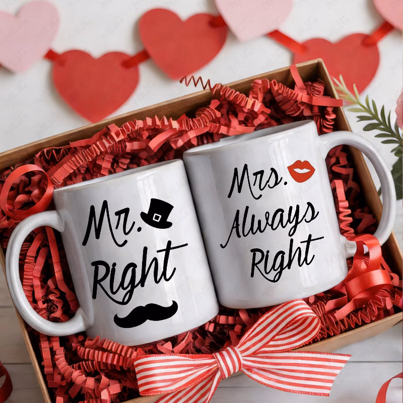 2pcs 11oz and mrs right couple ceramic mug set for men women classic humorous slogans and signature art for office and home with tea coffee milk set for couples on birthday christmas and anniversary
