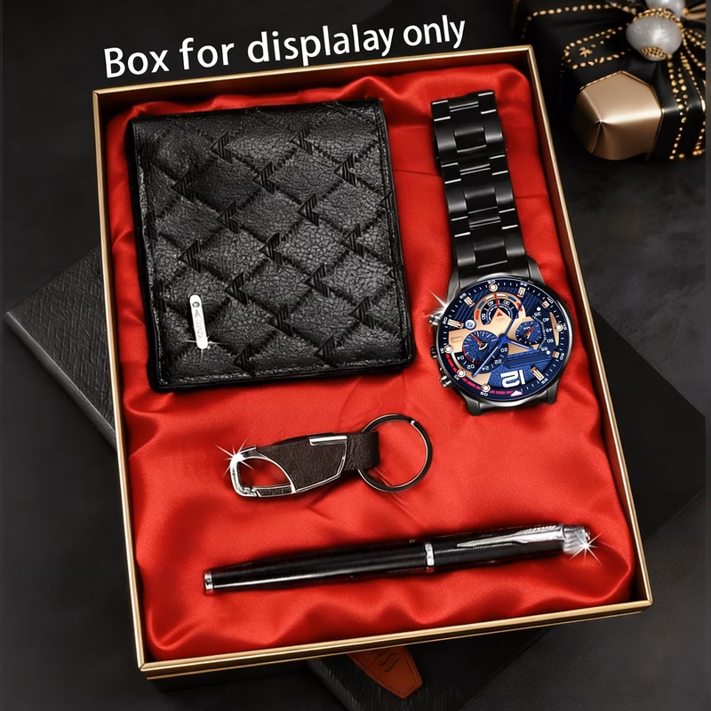 4pcs new mens trendy round quartz watch wristwatch set daily wear party valentines day easter christmas new years day halloween ramadan gift for
