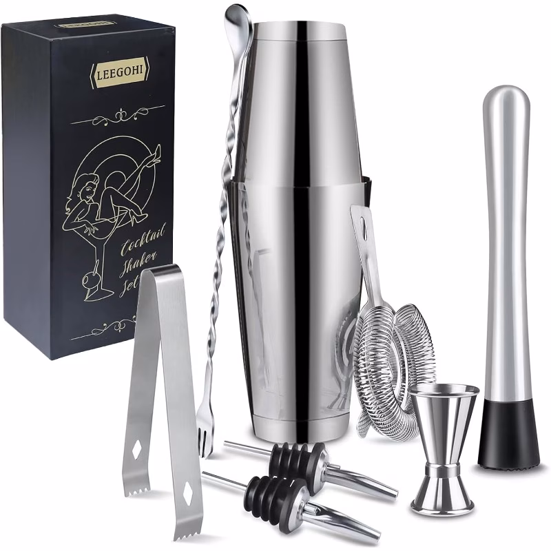 boston cocktail shaker set 8pcs cocktail making set stainless steel 700 600mlshakers bartender tool set with strainer pourers muddler double jigger mixing spoon at home and bar gift set professional b