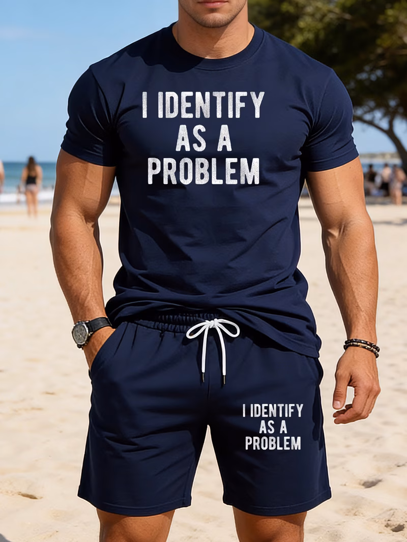 I Identify As A Problem Print, Spring Summer Men s Mesh Short Sleeve Shorts Set, Fashion Sports Suit , Breathable Quick Dry Gift for Boyfriend