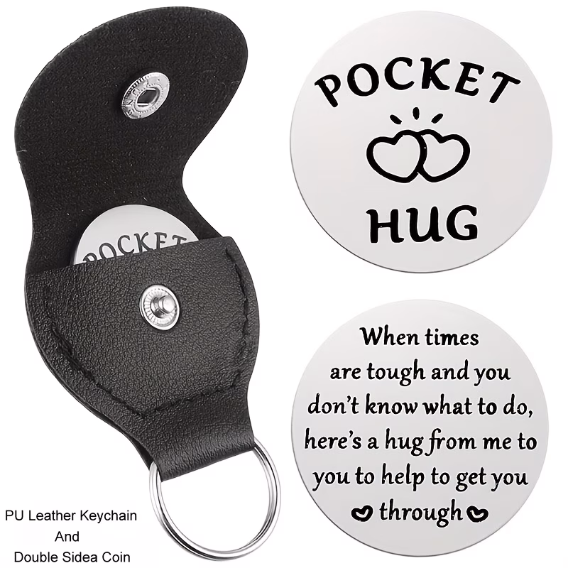 1pc pocket hug token a little pocket hug keychain stainless steel double sided coin for patients must have hug gifts for men women female double sided coin and faux leather keychain