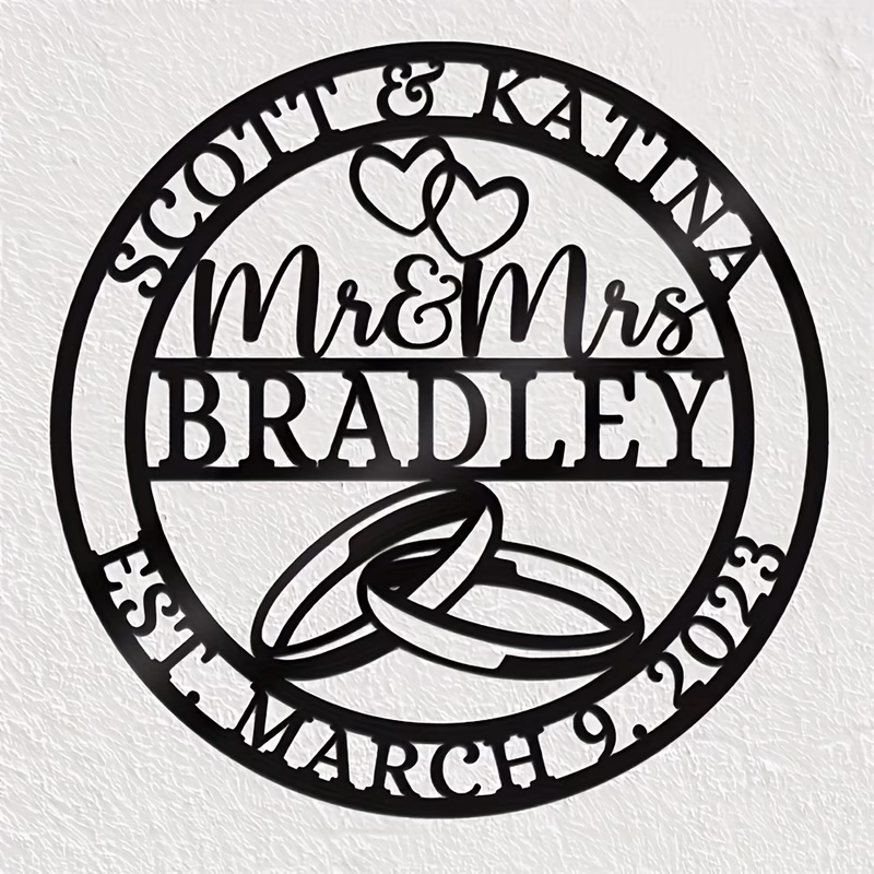 personalized mr mrs metal wedding sign custom names date vintage elegant wall art with interlocking rings heart cutouts wedding anniversary valentines gift durable metal home decor for bride groom wed