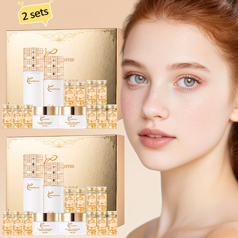 this collagen skincare collection moisturizes tightens and enhances radiance gentle absorbs quickly and in a luxurious gift box holiday gifting such as valentines day or new year each set contains 14