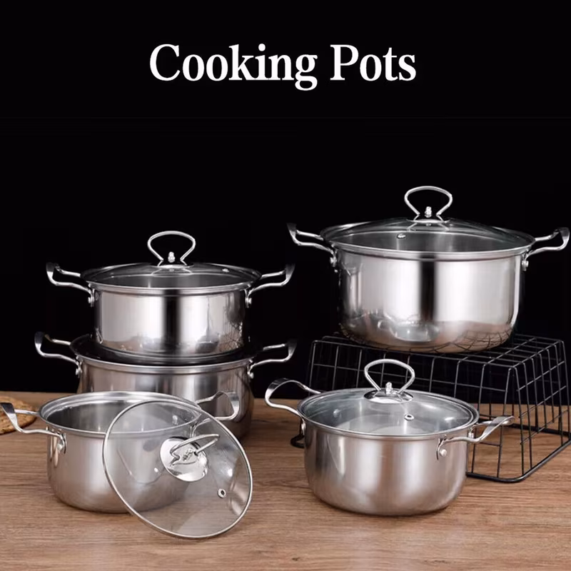 5 piece induction compatible stainless steel double ear cookware set non stick cooking pots and pans with lids bonus 6 piece heat resistant spoon utensil set for home kitchen