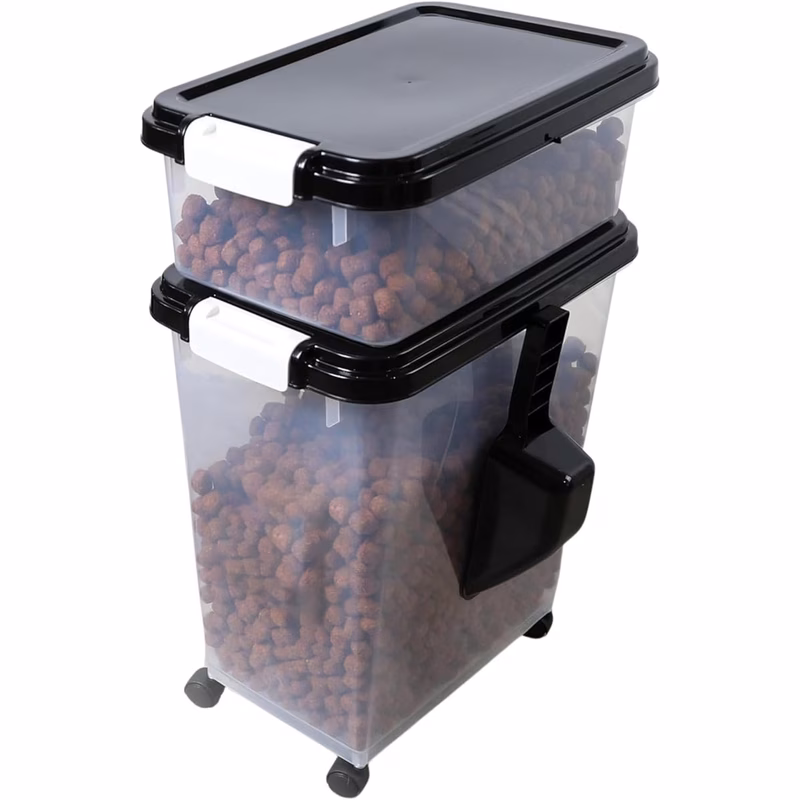 3pcs airtight pet food storage container set on wheels dual compartment dry food dispenser with rolling casters and measuring scoop