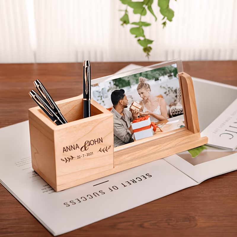 personalized wooden pen holder desktop organizer and photo frame set custom engraved pen holder and photo frame birthday gift valentines day gift accessory