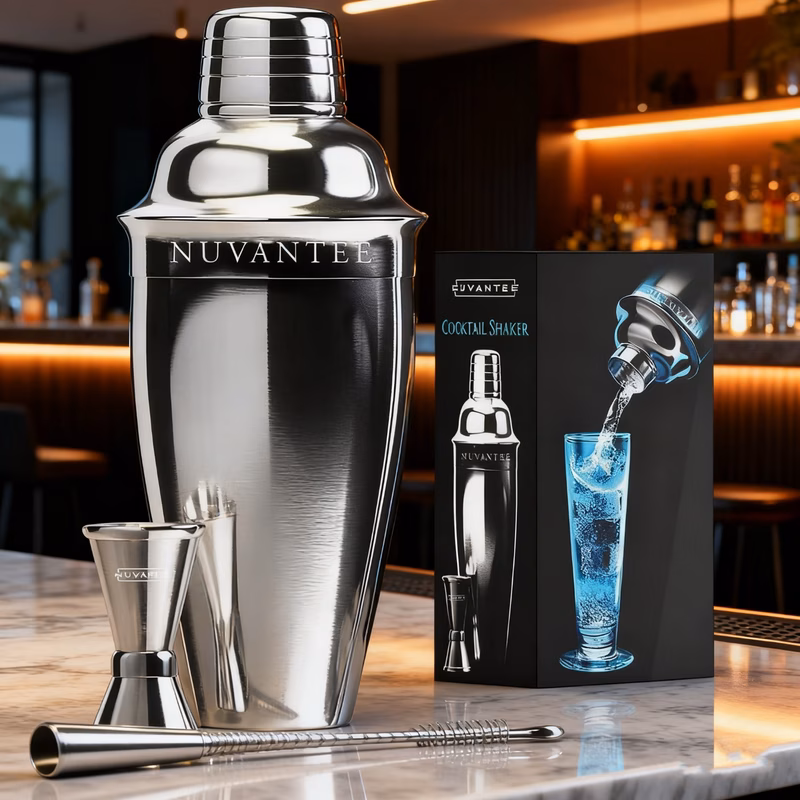professional stainless steel cocktail shaker set with strainer jigger recipe book heavy duty bartender kit with ergonomic handle built in stirrer precise measurement for home bar for home mixology coc