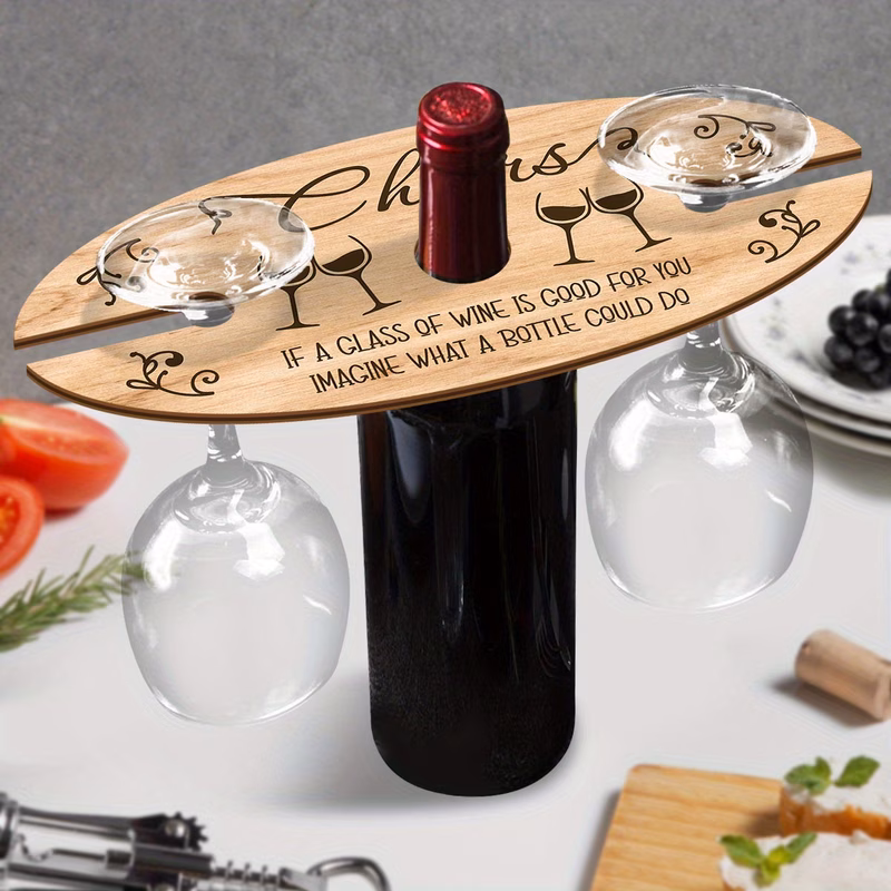 wooden wine coaster printed with cheers and a humorous saying designed for carrying wine glasses during picnics or outdoor activities an for wine enthusiasts