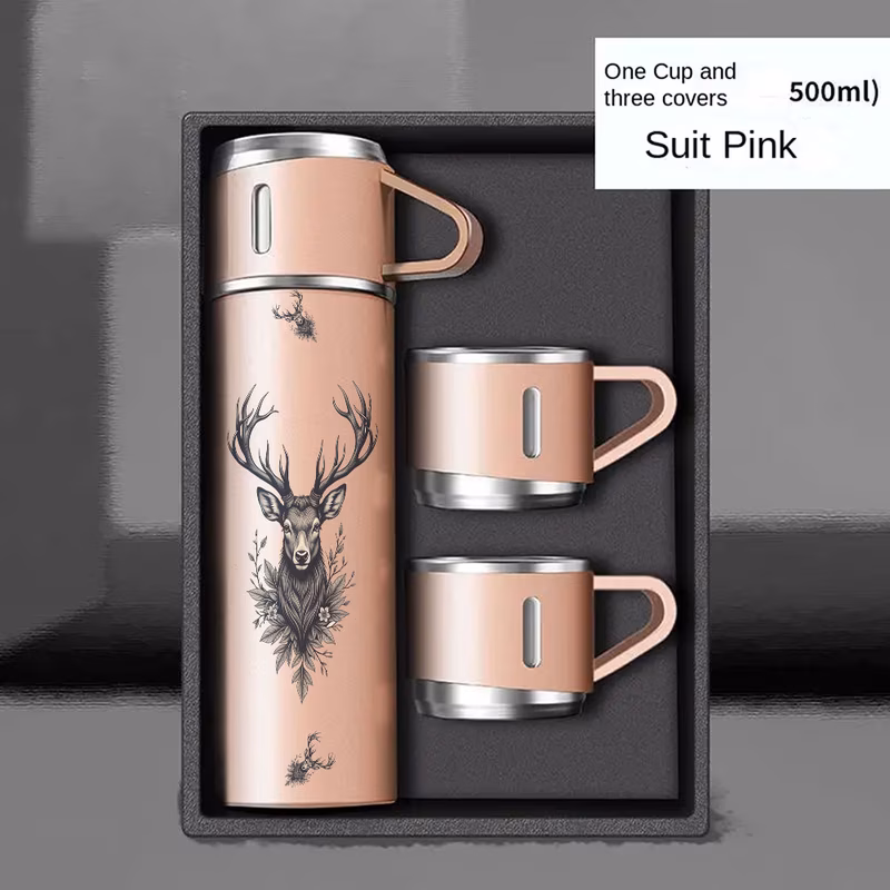 1 set 3pcs 16 9oz insulated gift set 304 stainless steel vacuum with 2 mugs portable travel water bottle with deer pattern for hot cold drinks leak proof tumbler for office hiking camping outdoors