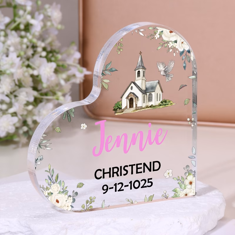 2d flat personalized christening gifts suitable for godparents retro heart shaped acrylic plaque with name date details elegant tabletop keepsake for church or decor presentation 2d flat