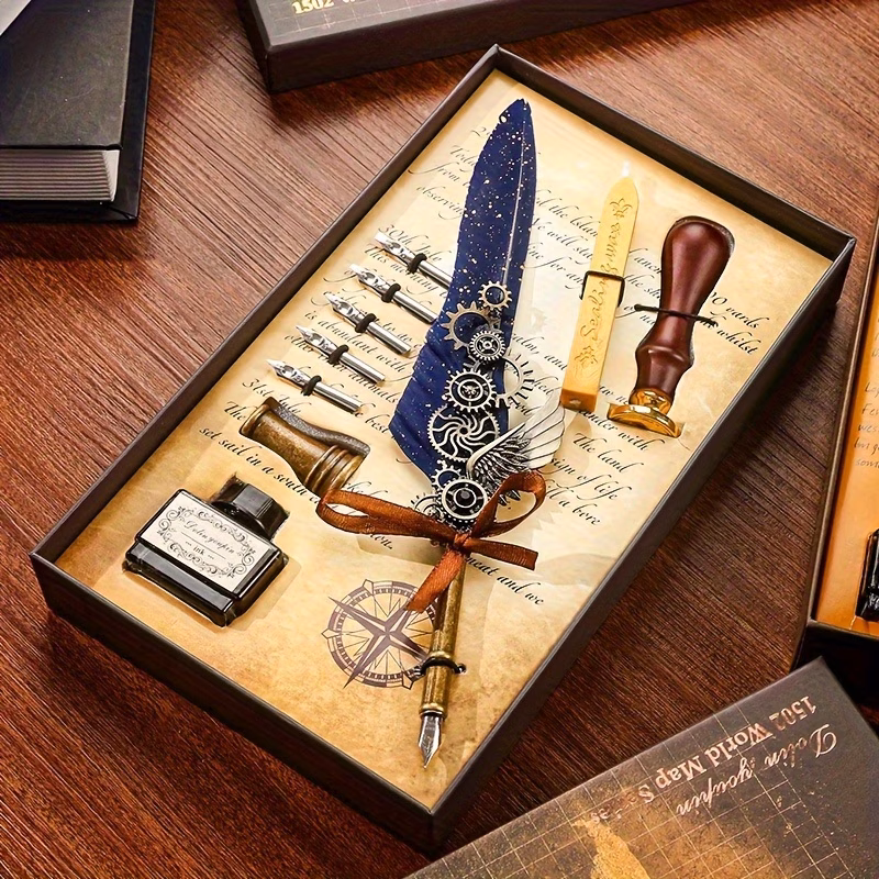 1 set of artificial feathers vintage mechanical gear pen with wax print brass base and authentic retro writing experience with artistic ink dipping
