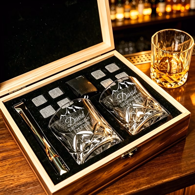 custom whiskey glass set personalized wooden box engraved name unique groomsmen wedding gift fathers day gift for dad men 1 set