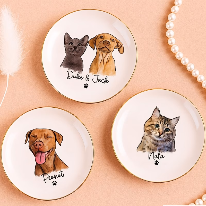 custom pet photo and text ring dish personalized portrait ceramic jewelry tray customized decorative trinket plate lover memorial keepsake gift for pet owners jewelry trays