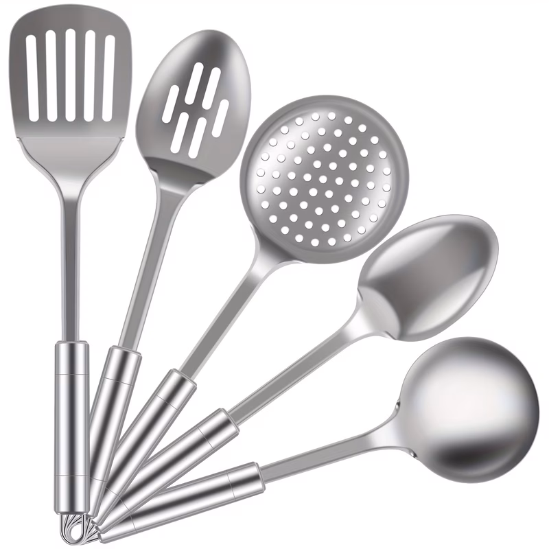 5pcs kitchen cooking utensils set stainless steel spoons spatula set with ergonomic handle heavy duty washable spoons utensils with hanging hole reusable kitchen gadgets tools set for cooking