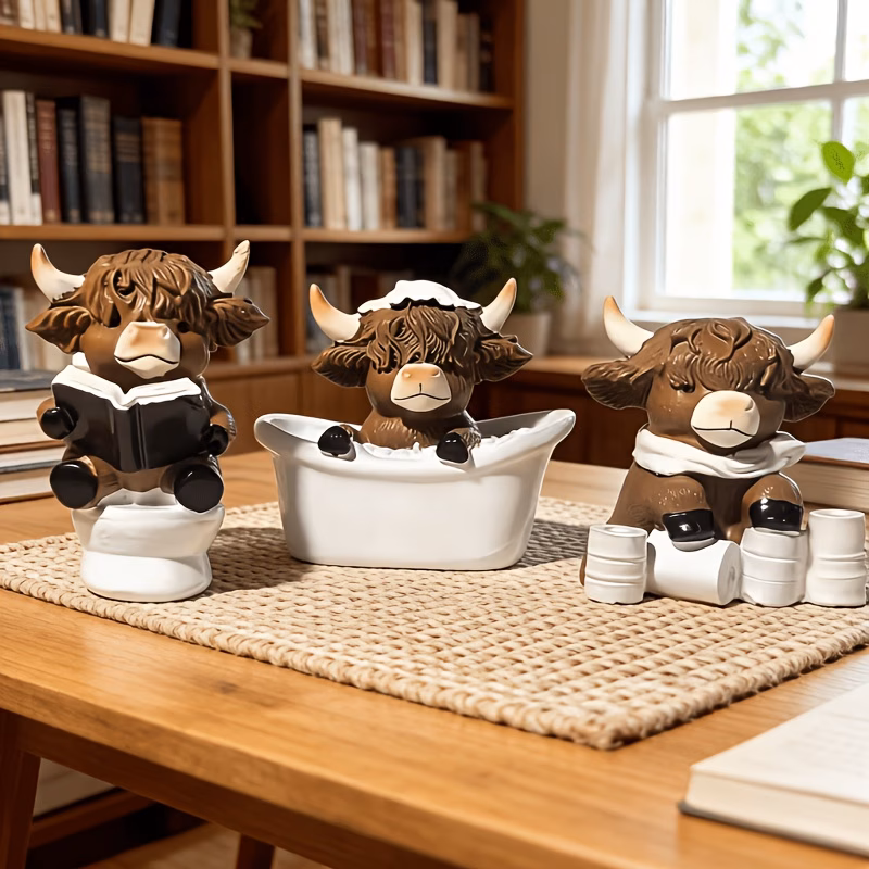 3pcs highland cow ornament set waterproof bathroom highland cow scottish resin sculpture decor gift for highland home office multi layer tray table decoration