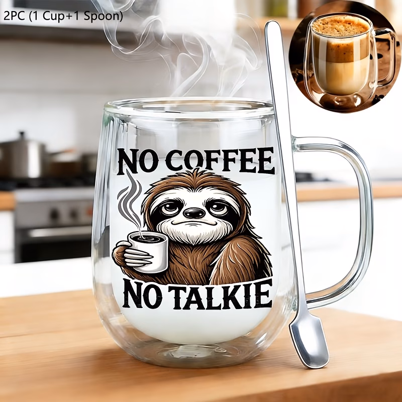 2pcs insulated double walled borosilicate reusable glass cup with spoon handle large capacity clear coffee mug for hot cold beverages drinks for men birthday friendly kitchen bar settings home office