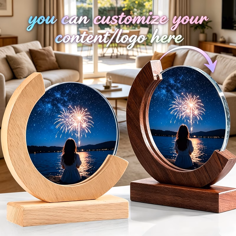 a custom wooden semi circular crystal trophy with a wooden custom crystal commemorative plaque thank you gift appreciation award crystal trophy photo frame customizable with images suitable for women