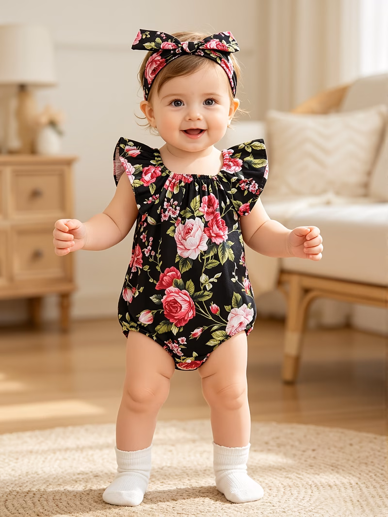 baby girl rose print flutter sleeve bodysuit with matching headband set stylish and cute summer baby romper casual outfit for newborns daily wear birthday photoshoots and baby gifts for outdoor