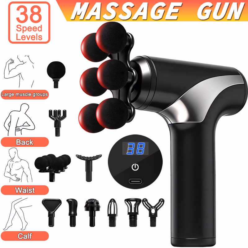 38 gun deep tissue percussion muscle massager with lcd display 10 interchangeable heads usb c rechargeable handheld cordless for muscle recovery relaxation