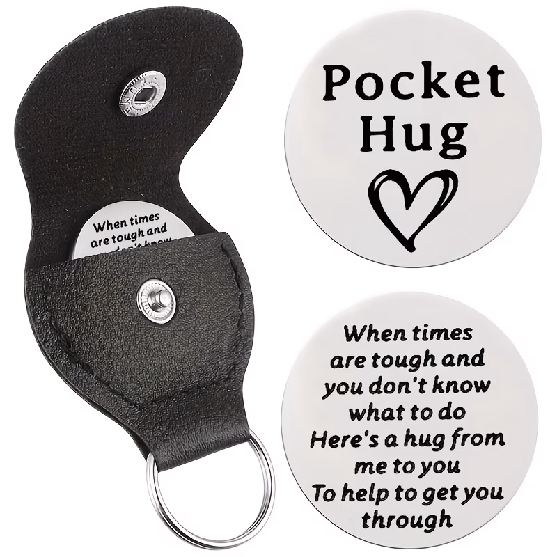 1 set of neutral double sided engraved pocket hug motivational quote metal charm with black leather case keychain encouragement holiday gift portable pendant