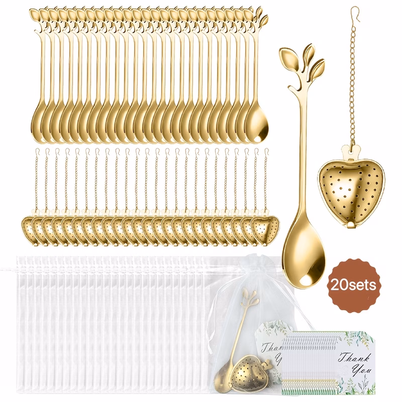 20 sets set gift box light luxury serves 20 14cm heart shaped infuser 12cm leaf spoon with tassel drawstring bag elegant thank you card for weddings parties high end decorations suitable for brewing l