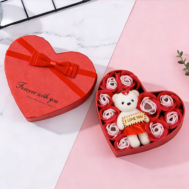 10pcs romantic rose soap gift set with teddy bear heart shaped plastic box for wedding bridal shower birthday anniversary christmas thanksgiving valentines day mothers day graduation no electricity ne