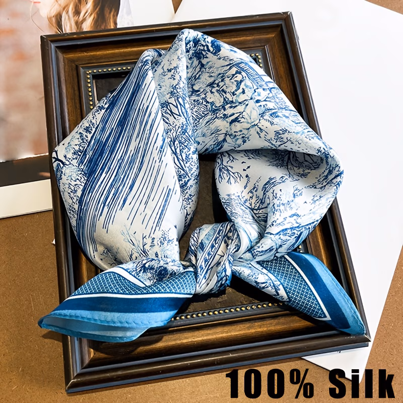 womens small suitable for neck hair korean vintage scenic line art print blue retro scarf with elegant gift for casual formal wear hair bands neck wraps