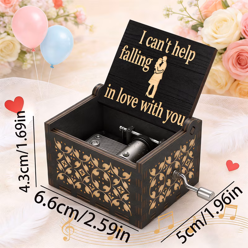 1pc carved wooden box with i cant help romantic couple hand cranked suitable for home decor wedding gifts birthday presents artificial wood box for