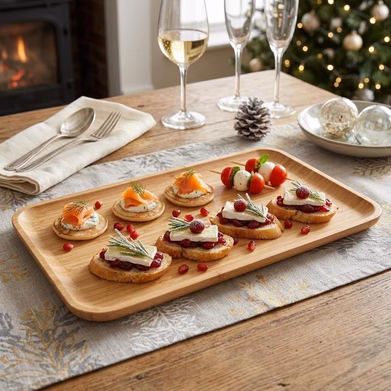 christmas bamboo wood serving tray 43x25x1 8cm natural wooden finish lightweight smooth surface for serving drinks snacks and festive treats holiday entertaining