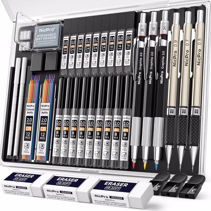 37pcs art mechanical pencil set 4 drafting pencil 0 3mm 0 5 mm 0 7 mm 0 2pcs 2mm lead holder 6b 4b 2b hb 2h 4 sketching drawing with 20 tube lead refills case