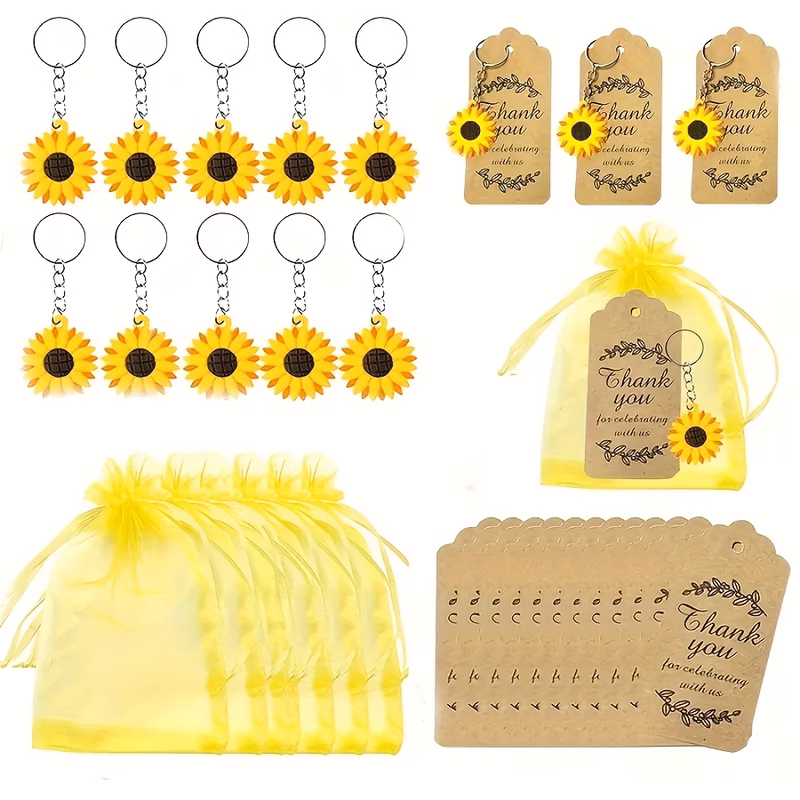 gift for her him set of 30pcs or 10 sets featuring sunflower keychains as party favors complete with organza bags and thank you tags suitable for occasions rewards birthdays weddings and showers