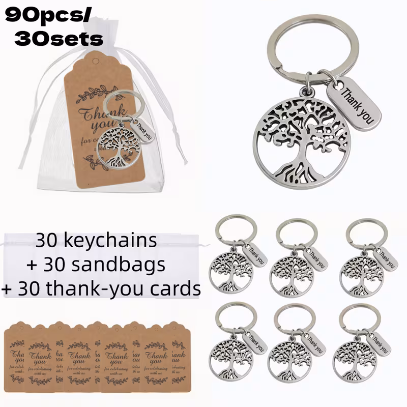 30 60 90pcs tree of life keychain bulk gift set thank you cards woven drawstring bags christmas graduation thanksgiving teacher appreciation party favors